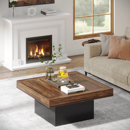 MonoWood Coffee Table Square LED Coffee Table Engineered Wood Low Coffee Table for Living Room Rustic Brown & Black
