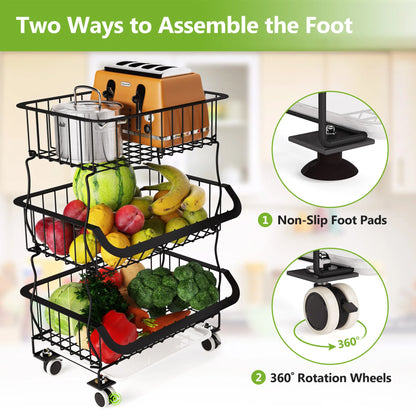 Fruit Basket, 3 Tier Stackable Metal Wire Basket Cart with Rolling Wheels, Utility Rack for Kitchen, Pantry, With 2 Free Baskets
