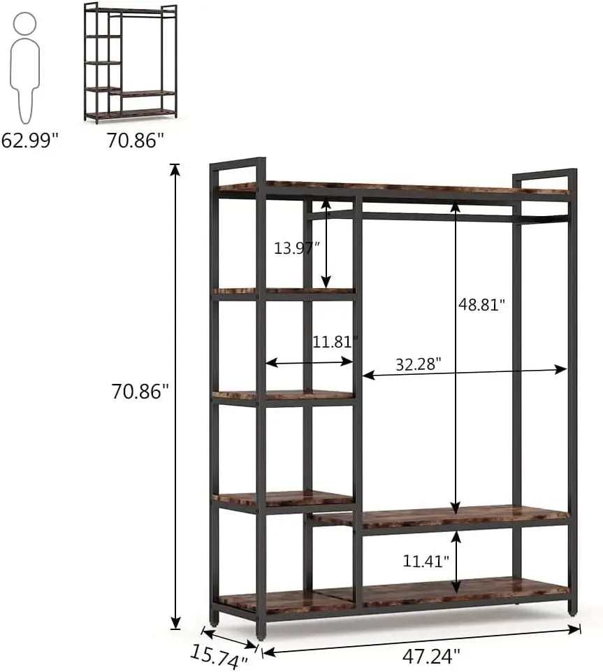 MonoWood  Free-standing Closet Organizer with 6 Storage Shelves and Hanging Bar, Large Standing Clothes Garment Rack