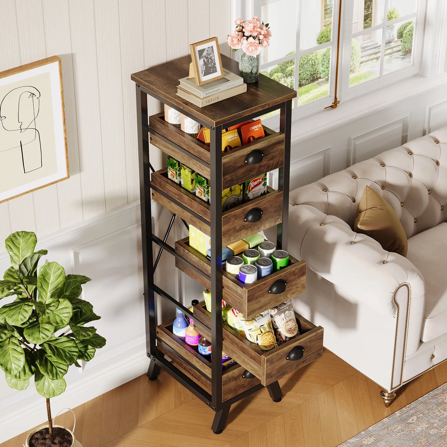 MonoWood Wood Fruit and Vegetable Storage Rack, 5-Tier Narrow Snack Stand Kitchen Stand Fruit Basket