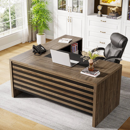 MonoWood 62.2" Executive Desk with Mobile File Cabinet, L-Shaped Office Desk with Storage Shelves, Large Computer Desk