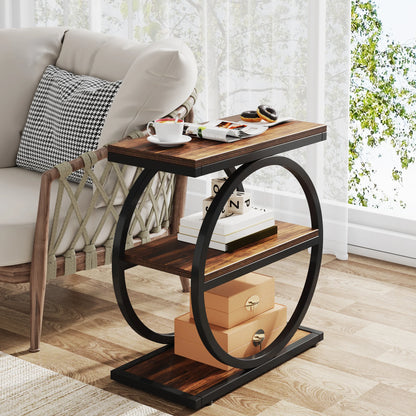 MonoWood End Table, Narrow End Table with 3 Storage Shelves, Wood Side Table with Black Metal Frames, Industrial Sofa table
