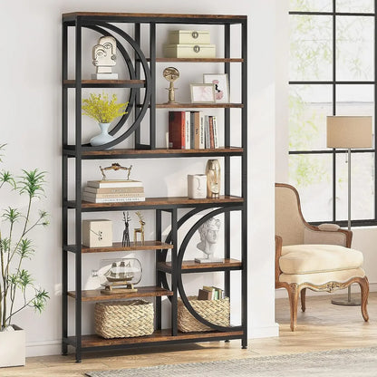 MonoWood 8 Tier Industrial Bookshelf, 77-Inch Tall Open Etagere Bookcase with Metal Frame for Living Room, Home Office