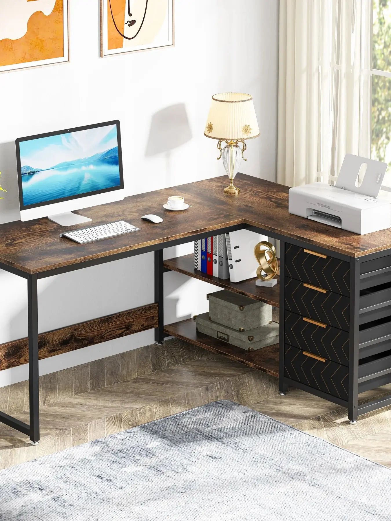 MonoWood L Shaped Computer Desk with Storage Drawers, 59 inch Corner Desk with Shelves, Reversible L-Shaped Office Desk Study