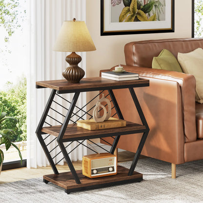 MonoWood End Table, Industrial Side Table with 3 Storage Shelves, Wood Sofa Side Table with Geometric Metal Frame