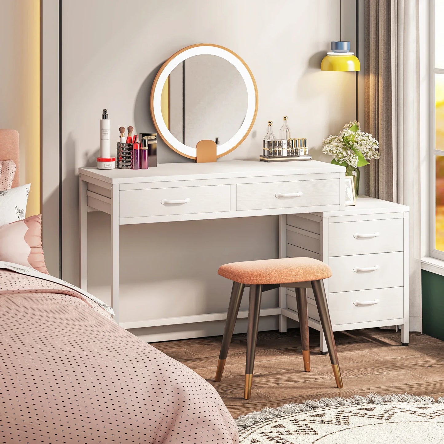 MonoWood Computer Desk with 5 Drawers, Home Office Desks with Reversible Drawer Cabinet Printer Stand, Industrial PC Desk