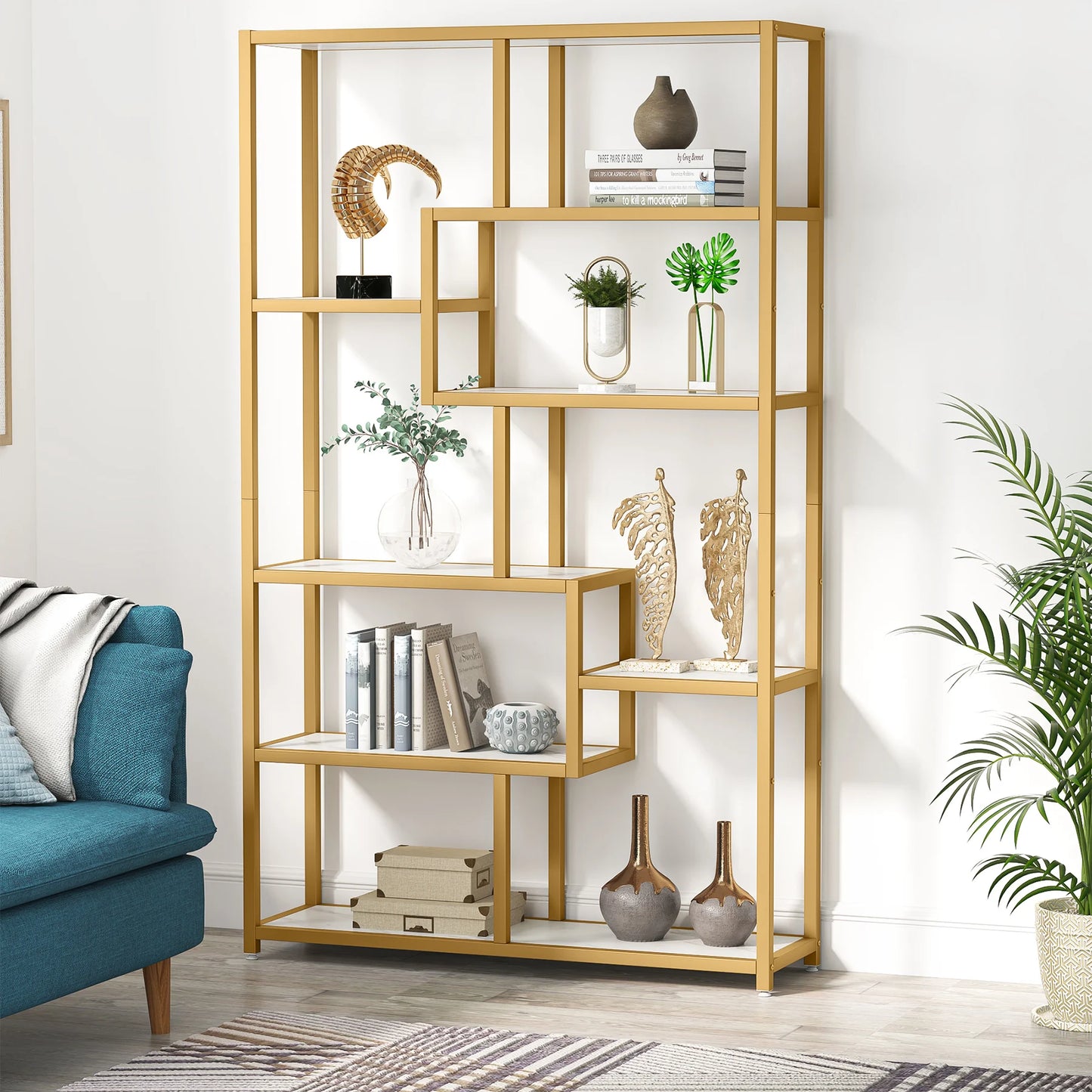 MonoWood Bookshelf 5 Tier Etagere Bookcase, Modern Gold Book Shelf Organizer Display Rack with 8 Open Storage Shelf