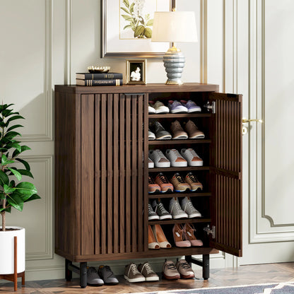 MonoWood 6-Tier Shoe Cabinet with Louvered Doors, Large Wooden Shoe Storage Cabinet with Adjustable Shelves