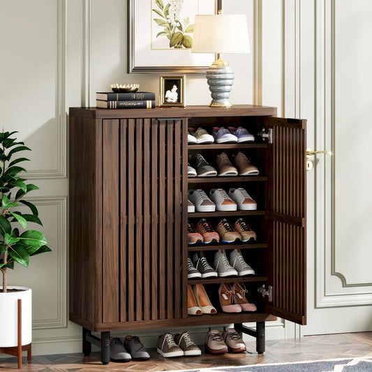 MonoWood 6-Tier Shoe Cabinet with Louvered Doors, Large Wooden Shoe Storage Cabinet with Adjustable Shelves