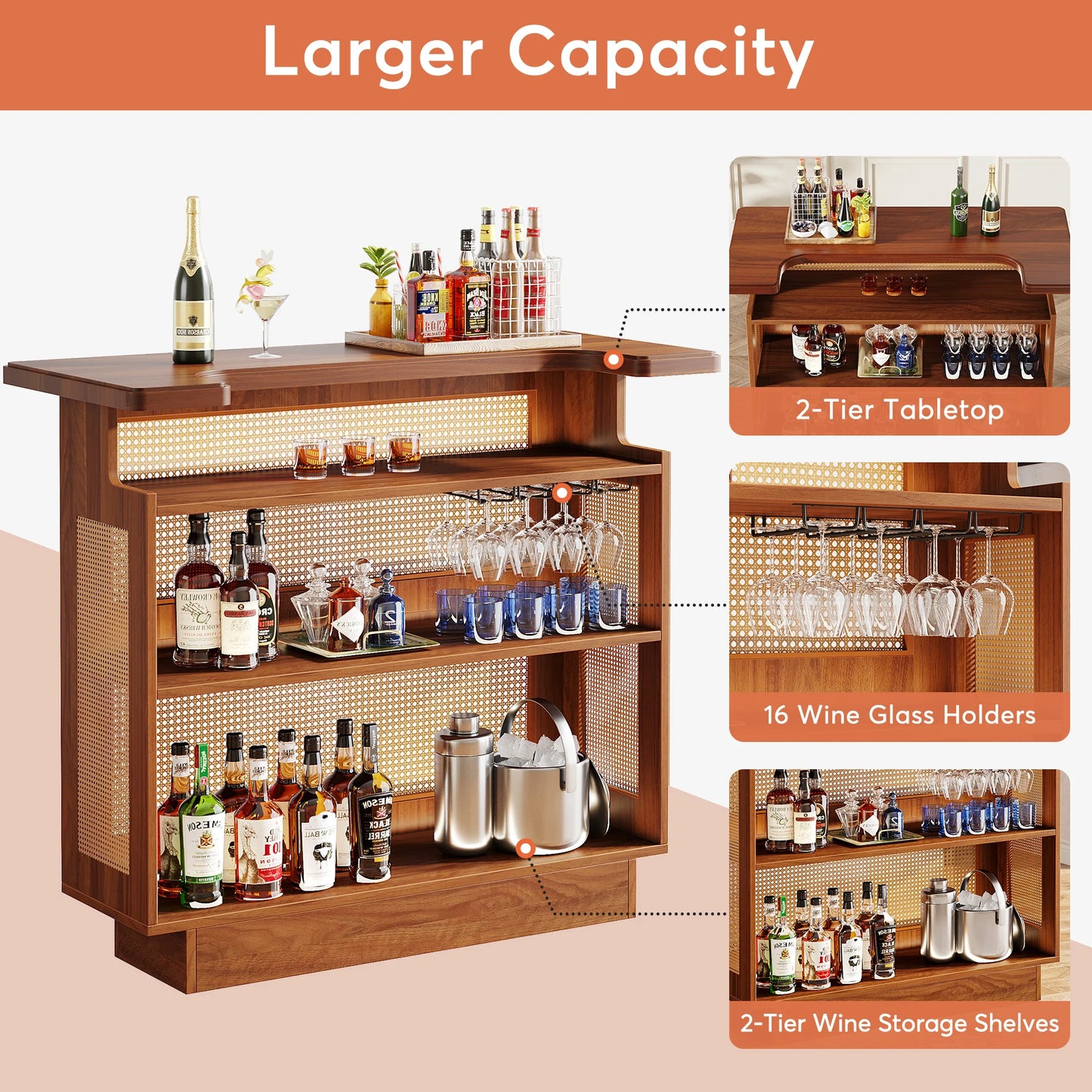 MonoWood Rattan Home Bar Unit, Farmhouse 4-Tier Bar Table with 4 Stemware Racks and Heightened Base, Liquor Wine Bar Cabinet