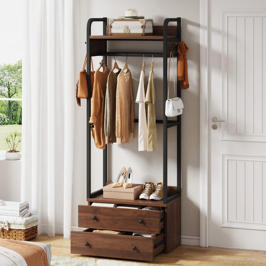 MonoWood Freestanding Closet Organizer Small Clothes Rack Coat Rack with Drawers and Shelves, Heavy Duty Small Garment Rack