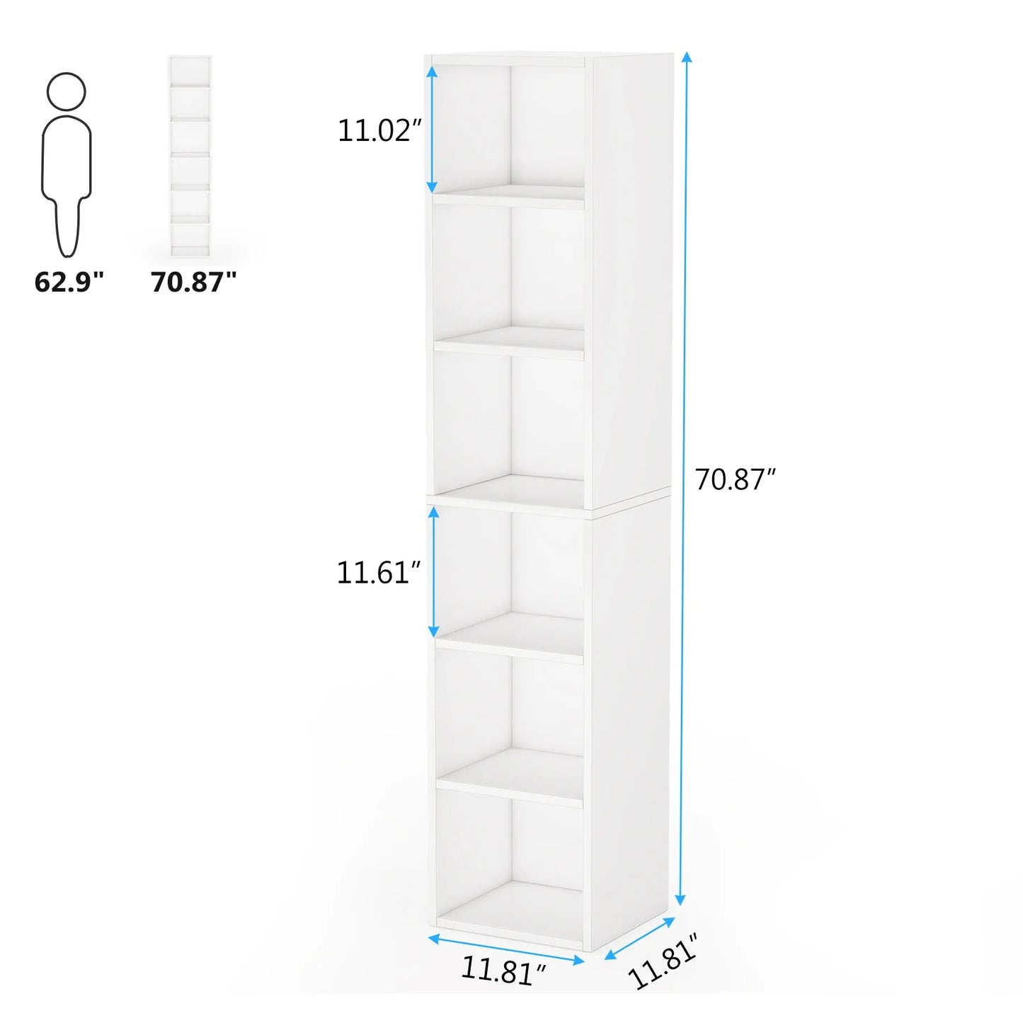 MonoWood 70.9 Inch Tall Narrow Bookcase, Modern White Corner Bookcase with Storage, 6 Tier Cube Display Shelves