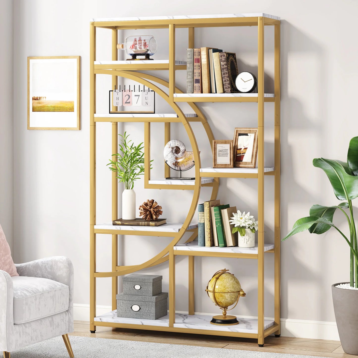 MonoWood Bookshelf Bookcase, Gold 8-Open Shelf Etagere Bookcase with Faux Marble, Modern Book Shelves Display Shelf