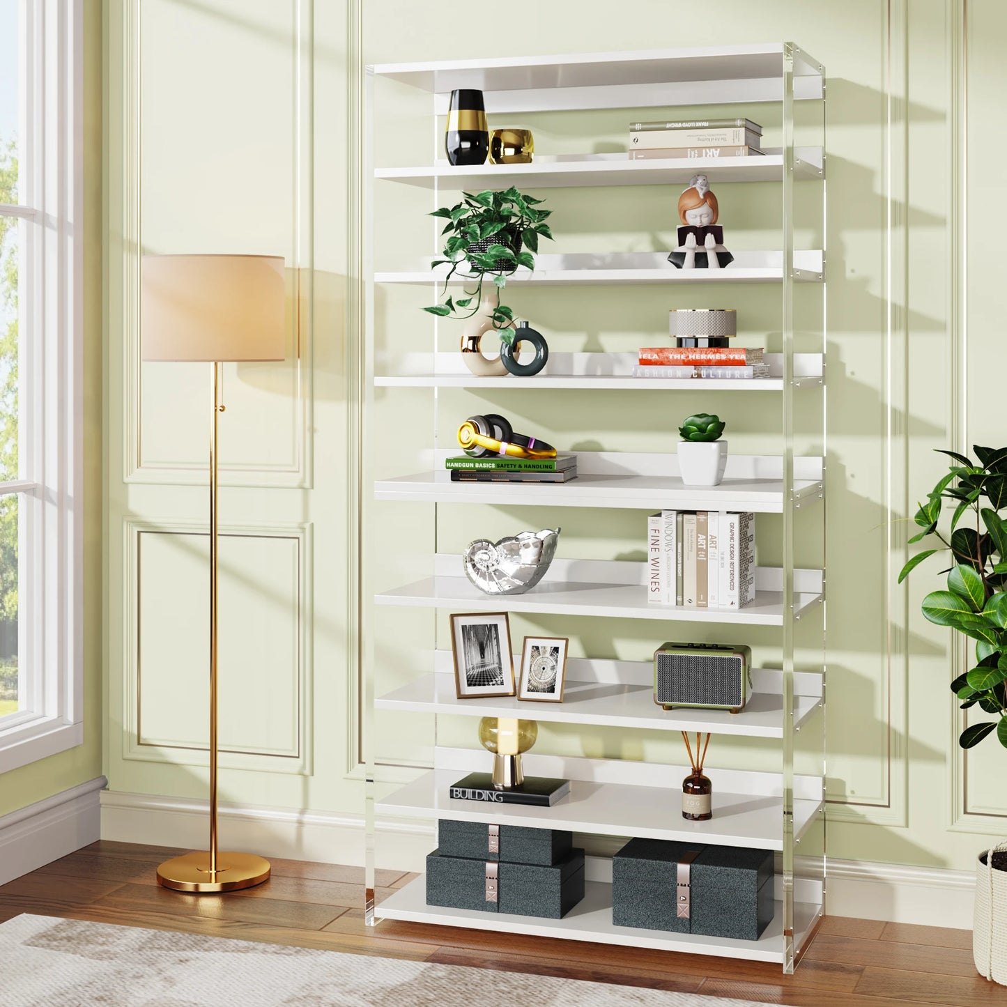 MonoWood 8-Tier Acrylic Bookshelf, Modern Bookcase with Wood Shelves, 63" Display Storage Rack for Living Room, Bedroom