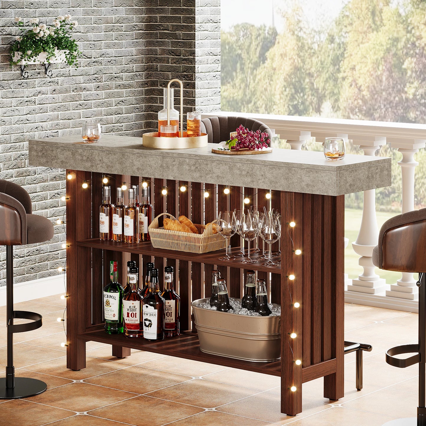 MonoWood 63-Inch Large Home Bar Unit, 2-Tier Mini Bar Table Height Pub Table with Footrest, Modern Coffee Bar Cabinet