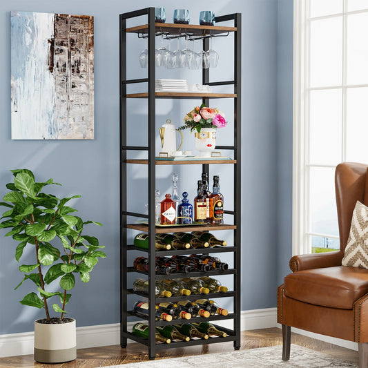 MonoWood 20 Bottle Wine Bakers Rack, 9 Tier Freestanding Wine Rack with Glass Holder and Storage Shelves
