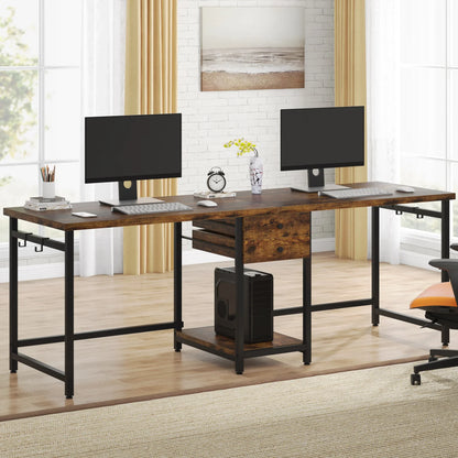 MonoWood 78.74’’ Two Person Desk with 2 Drawers, Long Double Computer Desk Gaming Table with Shelves