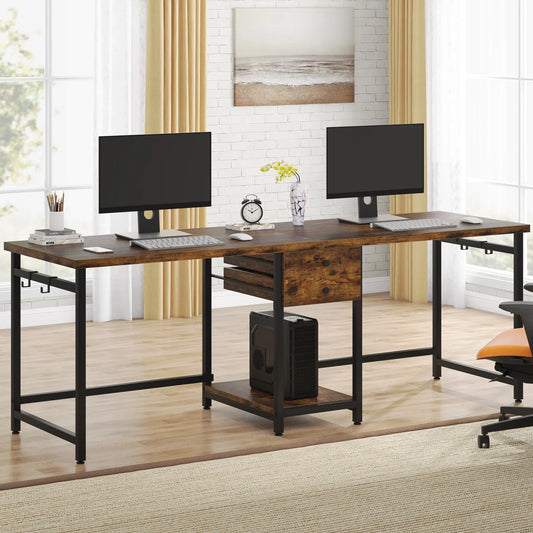 MonoWood 78.74’’ Two Person Desk with 2 Drawers, Long Double Computer Desk Gaming Table with Shelves