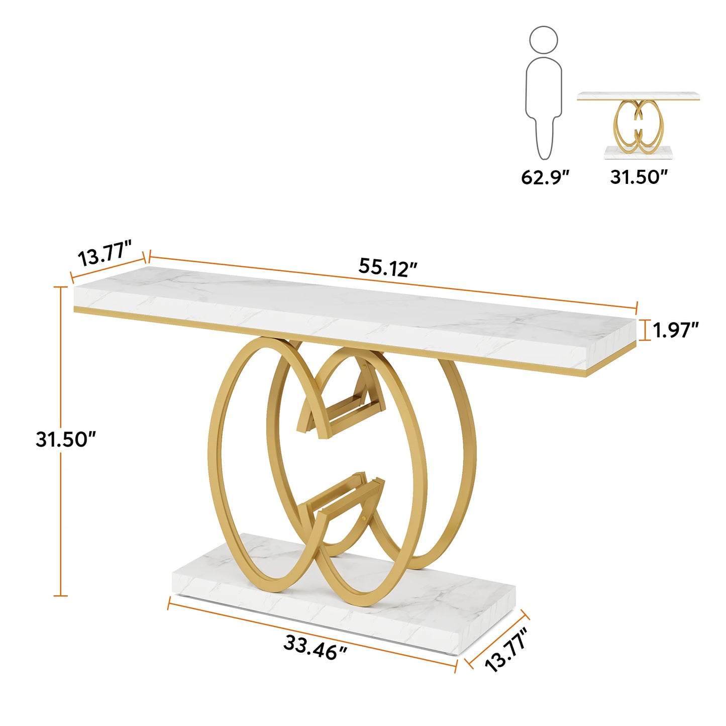 MonoWood 55 Inch Console Table for Hallway, Faux Marble Gold Entryway Table with Geometric Metal Base, Modern Sofa Table