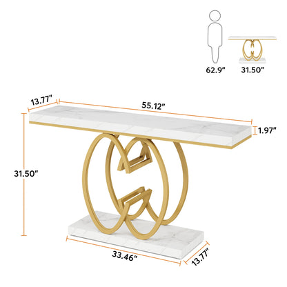 MonoWood 55 Inch Console Table for Hallway, Faux Marble Gold Entryway Table with Geometric Metal Base, Modern Sofa Table