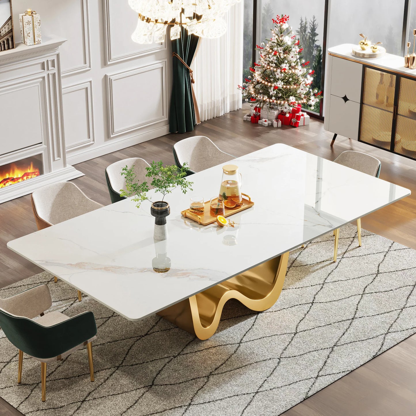 MonoWood 78.74" Sintered Stone Dining Table for 6-8, Modern Rectangle Dining Table, Luxury White & Gold Kitchen Table