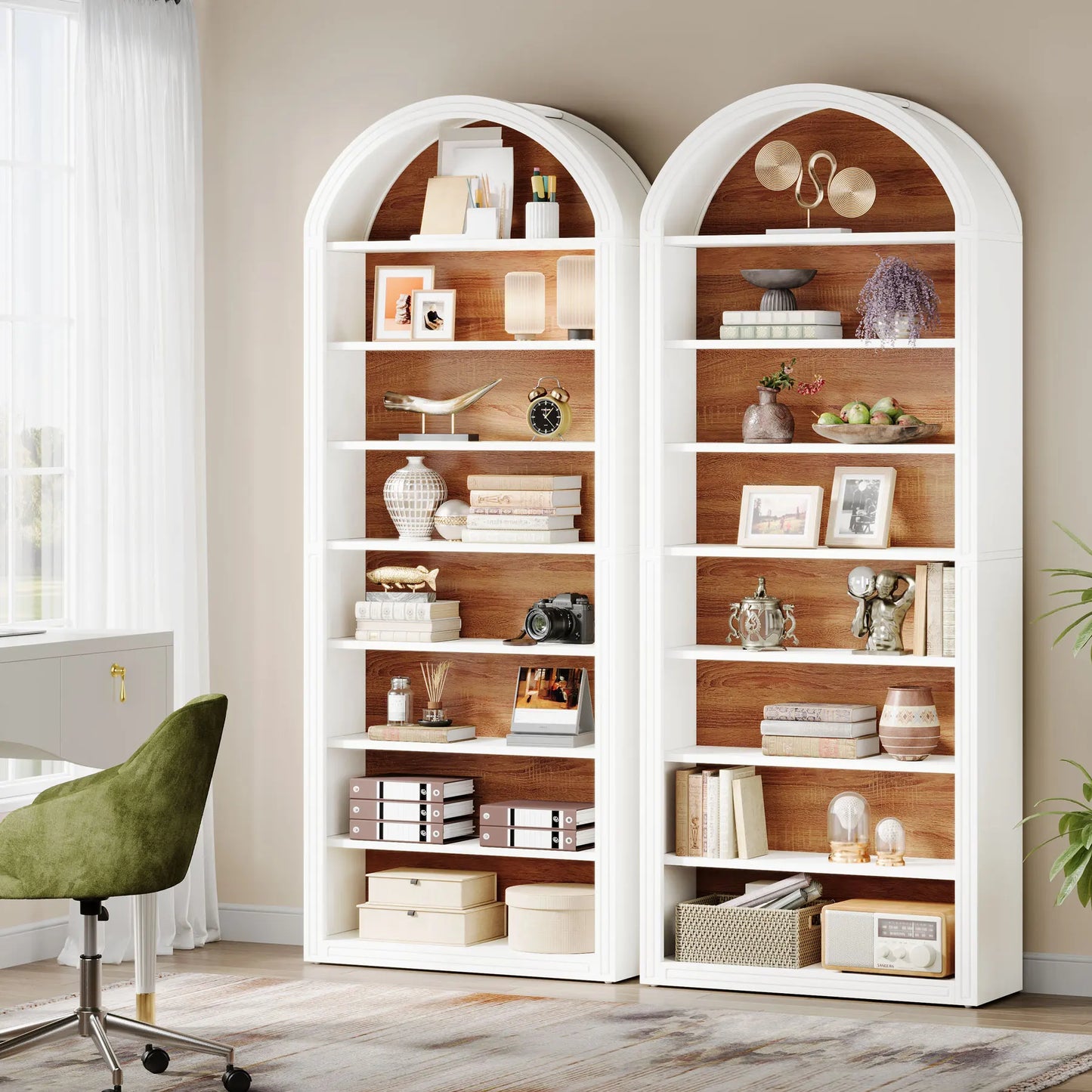 MonoWood 78.7" Tall Bookshelf, Modern White Arched Bookcase with Storage Shelves, 8-Tier Floor Standing Open Display Shelving
