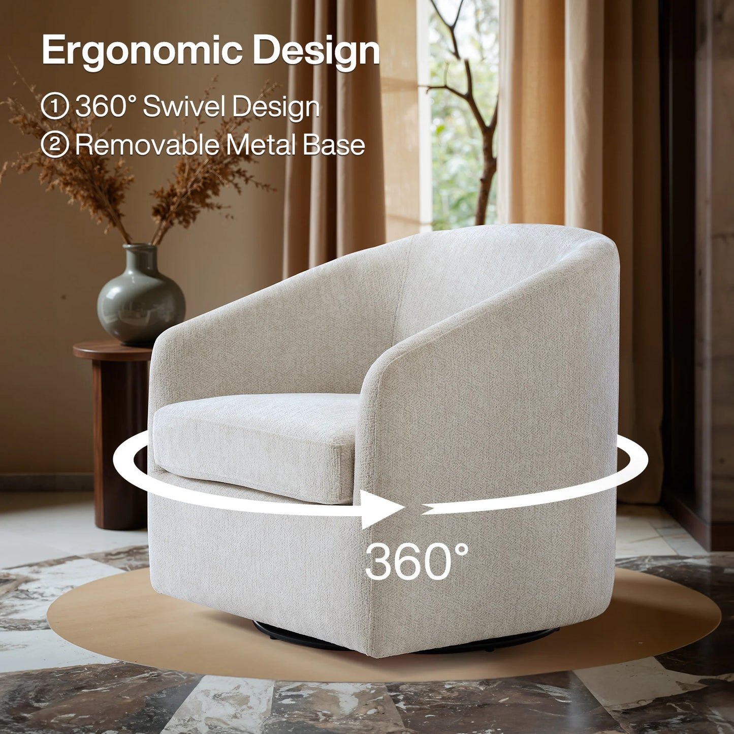 MonoWood 360° Swivel Accent Chairs, Round Chenille Barrel Chairs with Removable Seat Cushion, Modern Upholstered Armchair