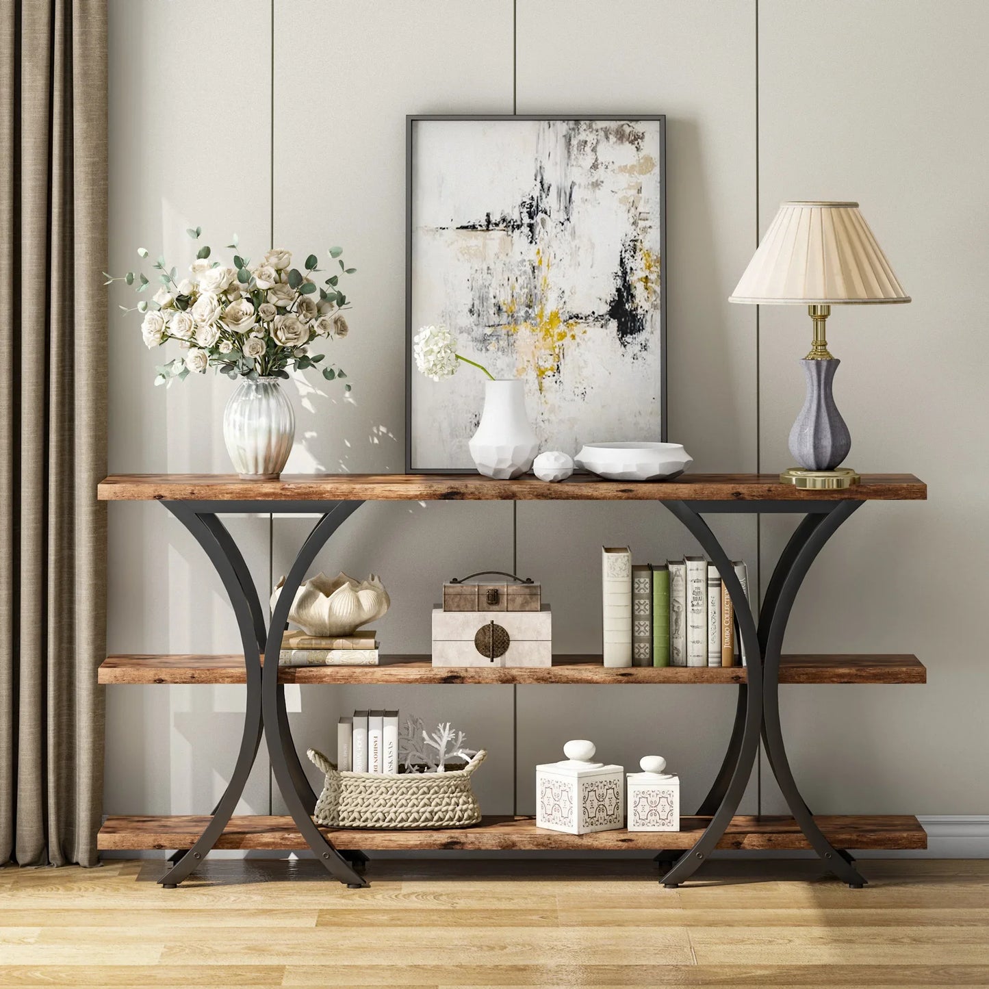 MonoWood 70.8 Inch Narrow Console Table, Long Sofa Table Entry Table with 3 Tier Storage Shelves