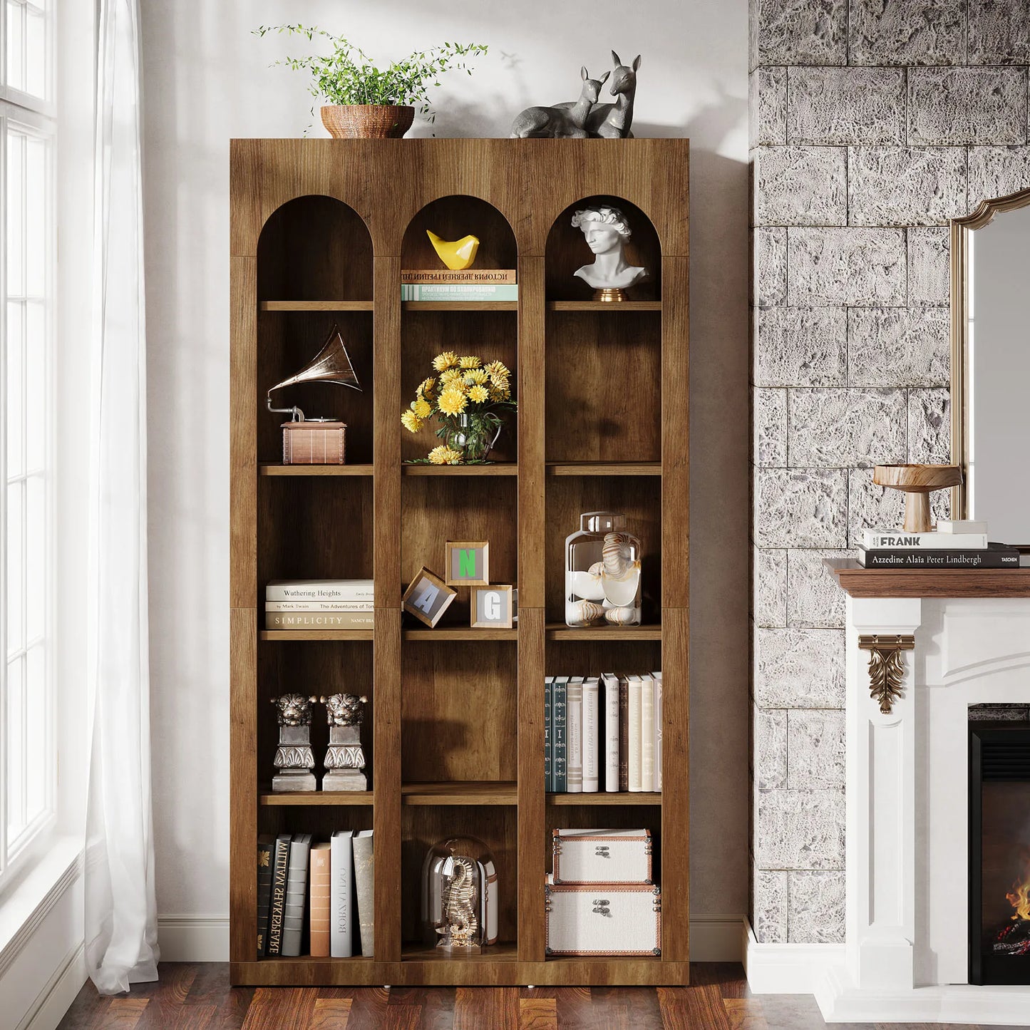 MonoWood70.87" Bookshelf, 5-Tier Arched Display Bookcase with Open Storage Shelves, Vintage Tall Bookshelves Organizer