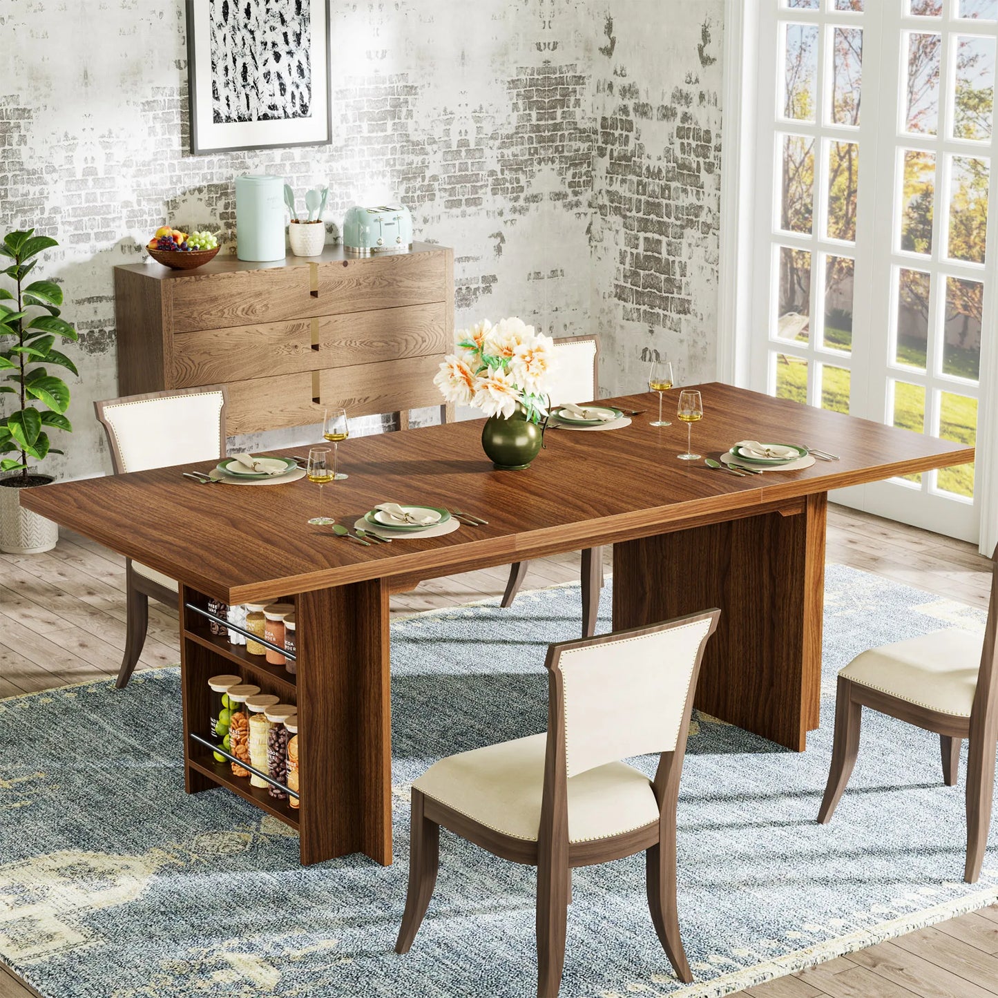 MonoWood Dining Table for 6 to 8, 63-Inch Rectangular Wooden Kitchen Table with Storage, Industrial Dinner Table with Shelves