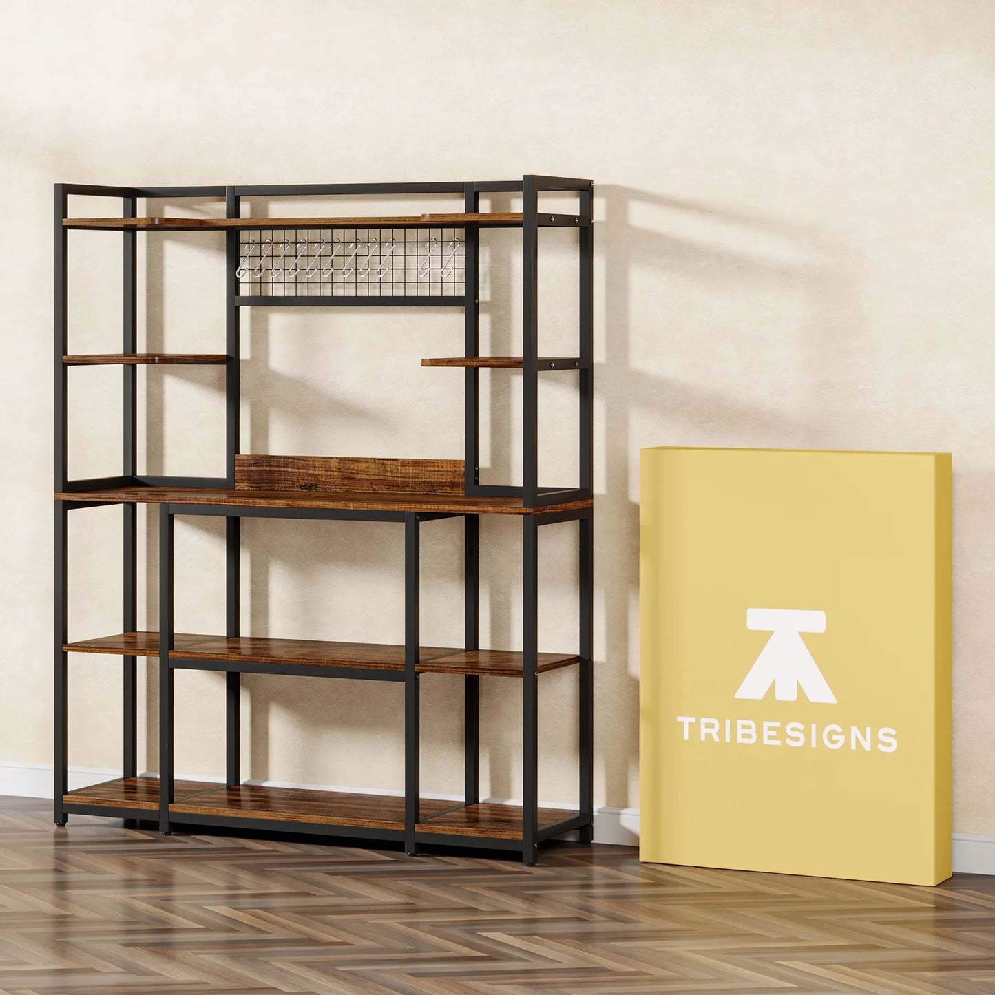 MonoWood Large Bakers Rack, 55" Wide Kitchen Hutch Cabinet Microwave Stand with 11 Hooks, 5-Tier Baker’s Rack Kitchen Shelf