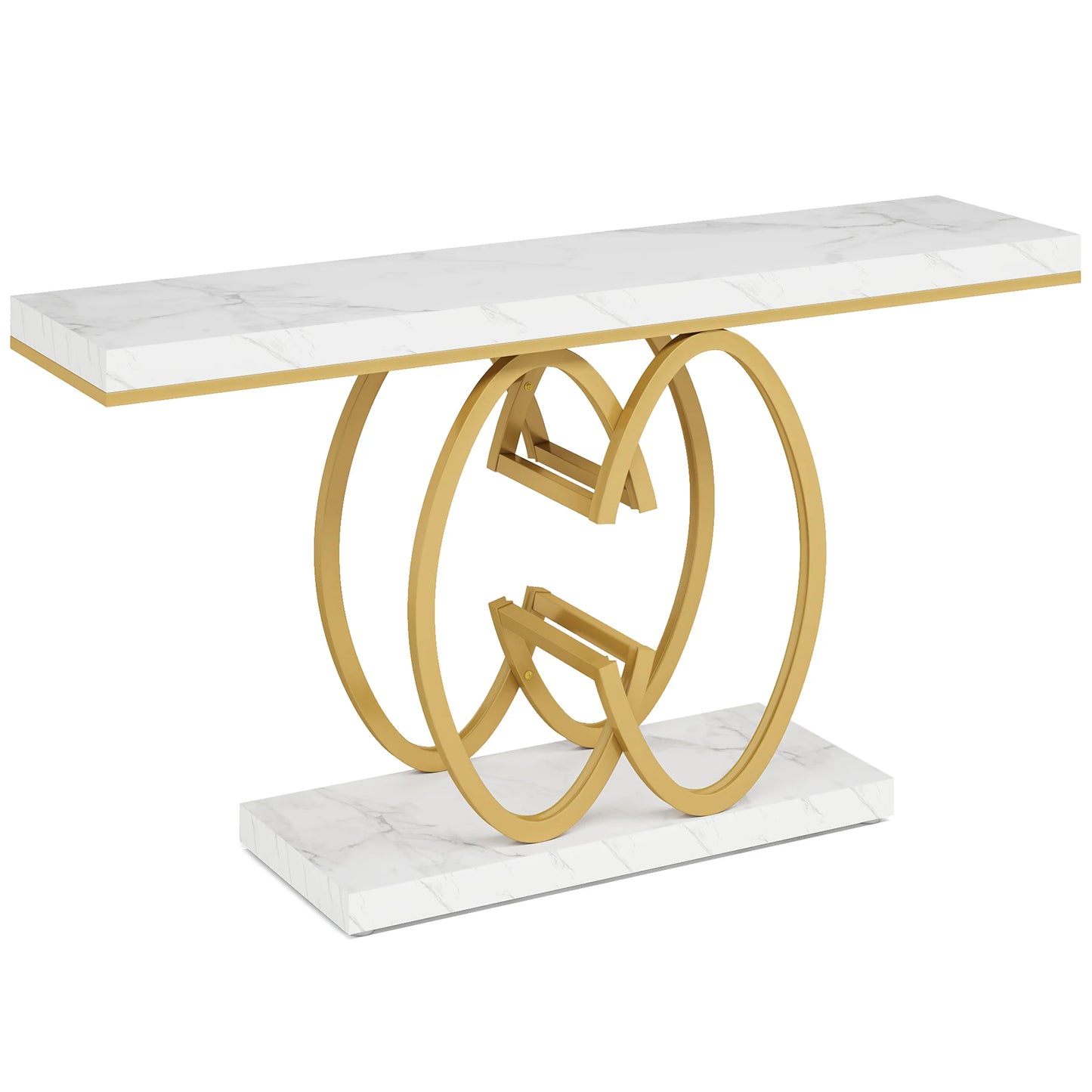 MonoWood 55 Inch Console Table for Hallway, Faux Marble Gold Entryway Table with Geometric Metal Base, Modern Sofa Table