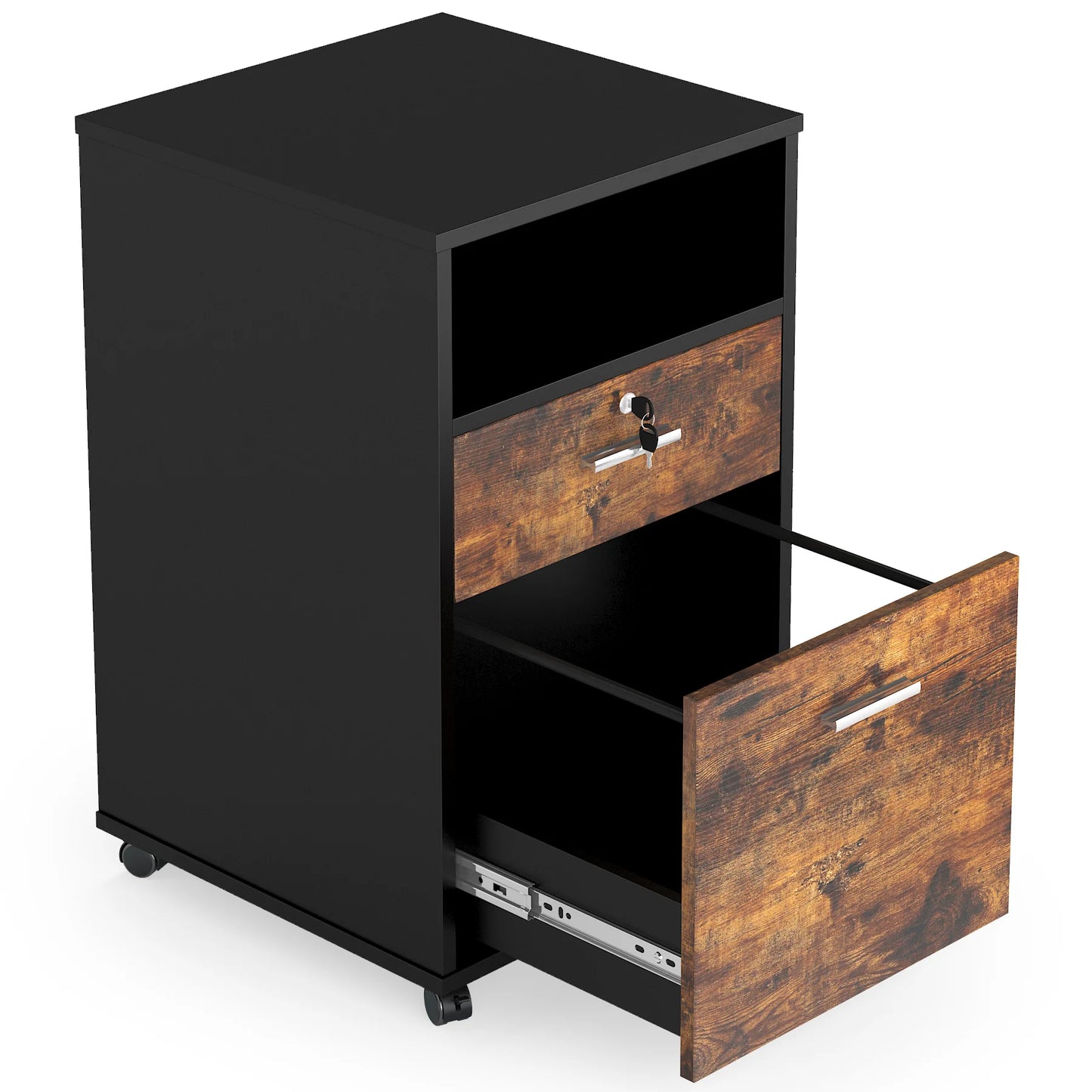MonoWood 2 Drawer Mobile File Cabinet with Lock, Wood Filing Cabinet, Printer Stand with Wheels and Storage Shelf