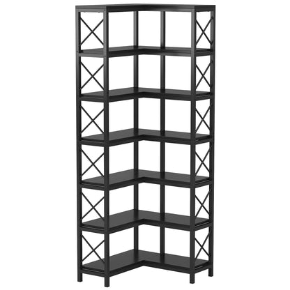 MonoWood 7-Shelf Corner Bookshelf,Large Modern Corner Bookcase, 7-Tier Tall Corner Shelf Storage Display Rack with Metal Frame