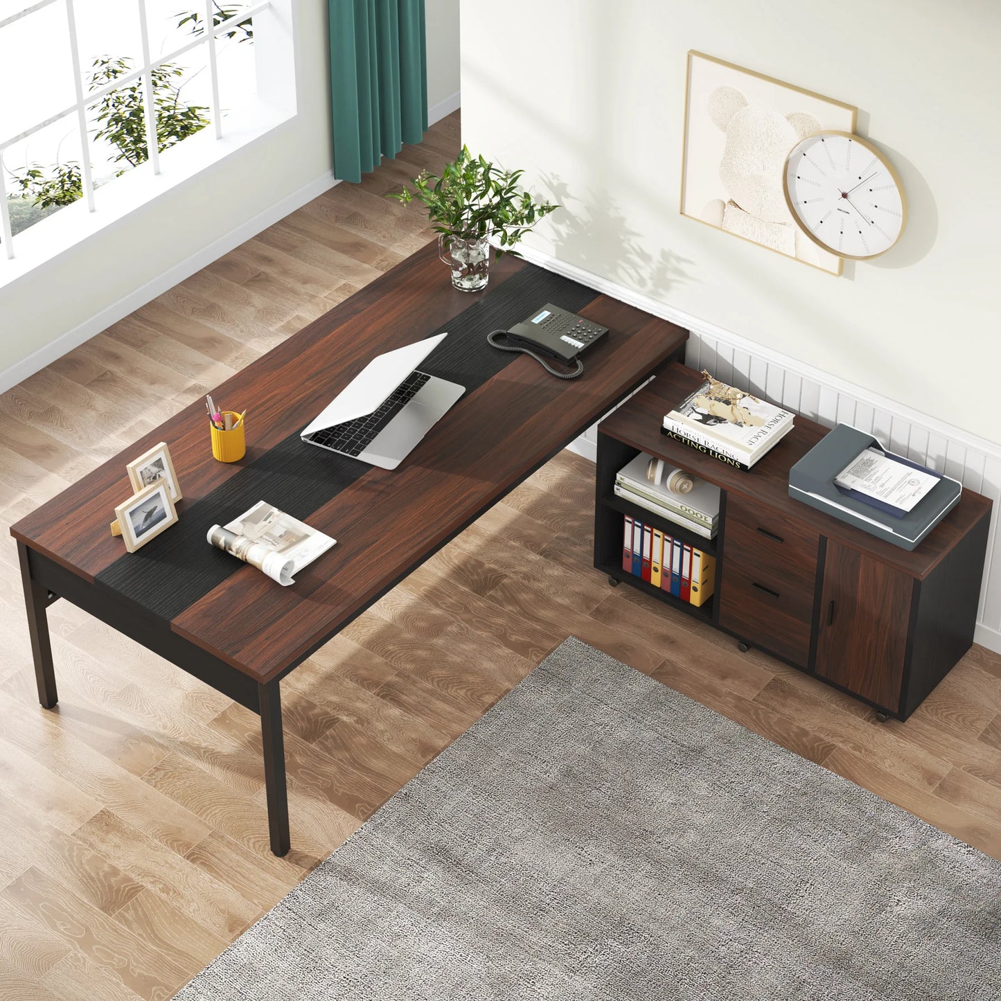 MonoWood 70.8" Large Executive Office Desk and 47" Lateral File Cabinet Combo, L-Shaped Computer Desk 2 Piece Business desk