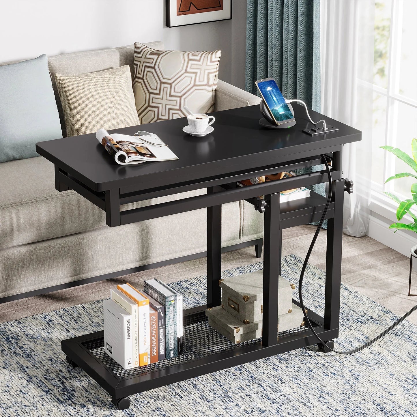 MonoWood Small Portable Desk with Power Outlet, Height Adjustable Sofa Couch Bedside Laptop Table with Wheels