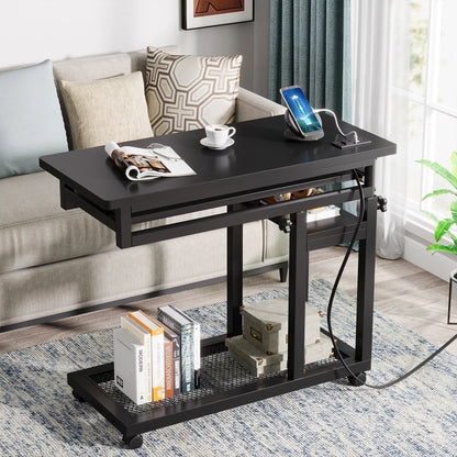 MonoWood Small Portable Desk with Power Outlet, Height Adjustable Sofa Couch Bedside Laptop Table with Wheels