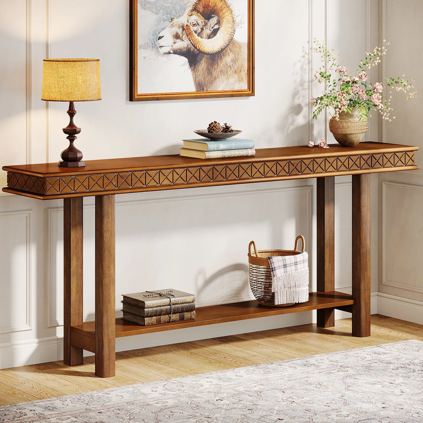 MonoWood 70.9-Inch Extra Long Console Table, Wood Sofa Table Behind Couch Narrow Long, 2-Tier Entryway Table with Storage