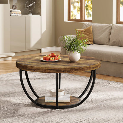 MonoWood 31.7" Round Coffee Table, Industrial 2-Tier Circle Coffee Table with Storage Shelves, Modern Wooden Sofa Side Table