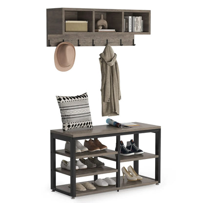 MonoWood Coat Rack Shoe Bench Set, Hall Tree with Shoe Bench, Industrial Shoe Rack Bench with Coat Rack, 3 Storage Cubbies