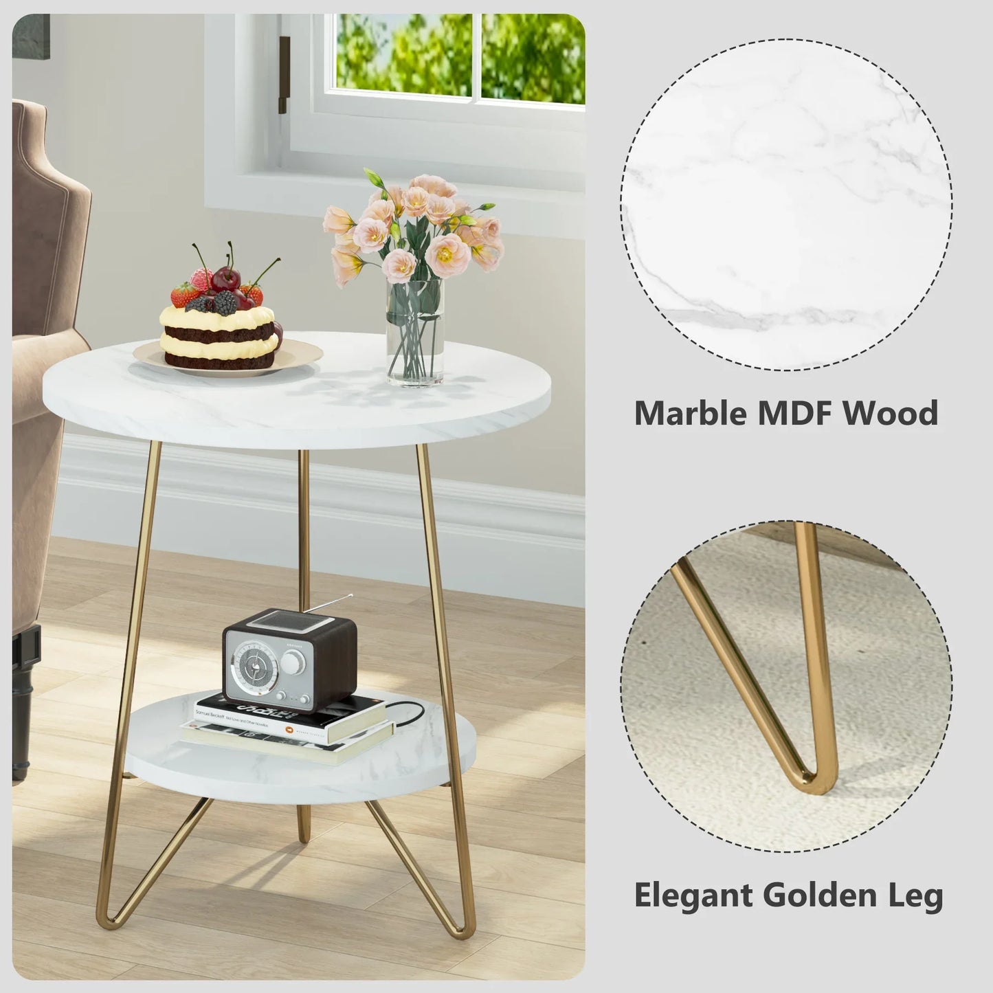 MonoWood 2 Tier Faux Marble End Table Round Side Table with Shelves Small Coffee Accent Table for Living Room, White and Gold