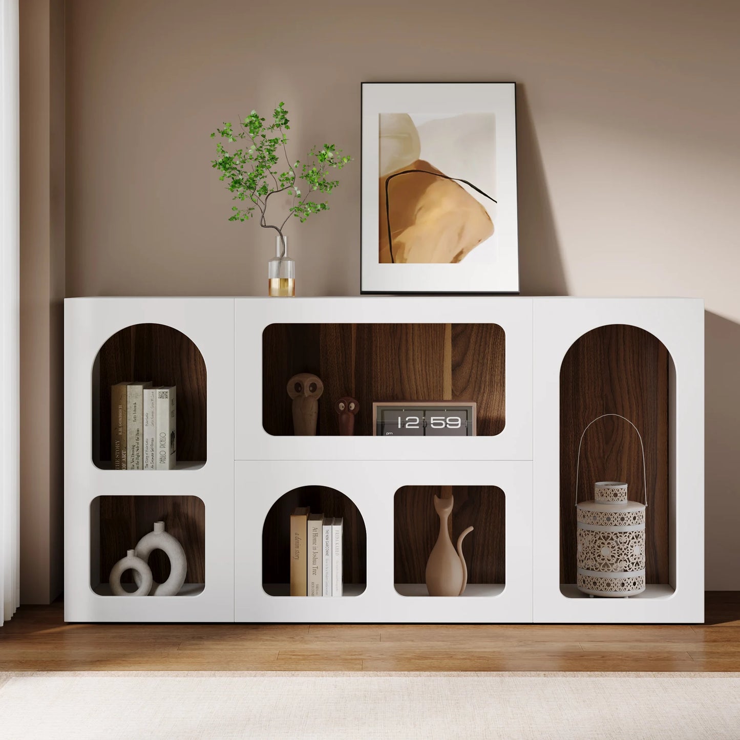 MonoWood 59" White Console Table, Modern Entryway Table, Wooden Storage Organizer Entrance Table with 6 Compartments