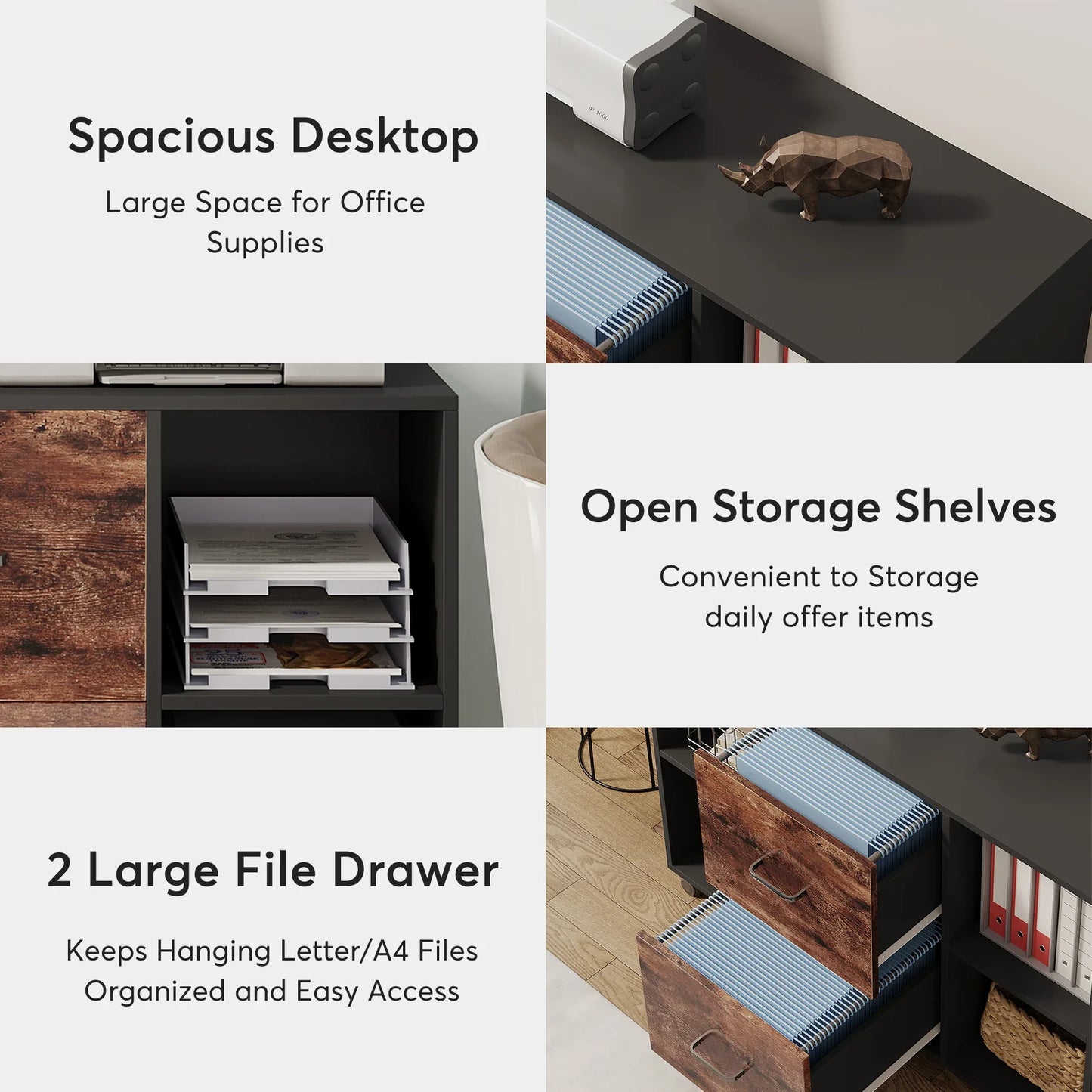 MonoWood 2 Drawer Wooden File Cabinet Large Mobile Lateral Filing Cabinet Printer Stand with Shelves and Rolling Wheels