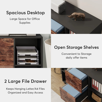 MonoWood 2 Drawer Wooden File Cabinet Large Mobile Lateral Filing Cabinet Printer Stand with Shelves and Rolling Wheels