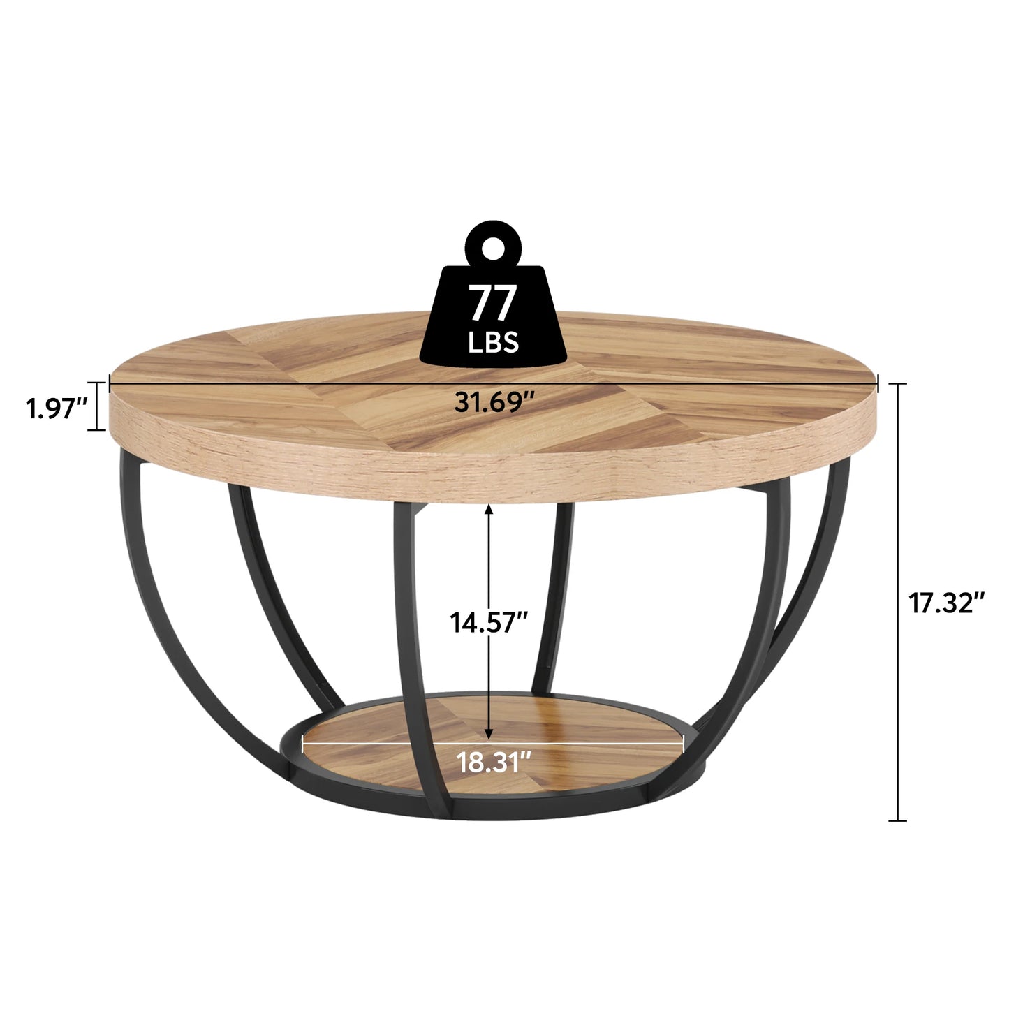 MonoWood 31.7" Round Coffee Table, Industrial 2-Tier Circle Coffee Table with Storage Shelves, Modern Wooden Sofa Side Table
