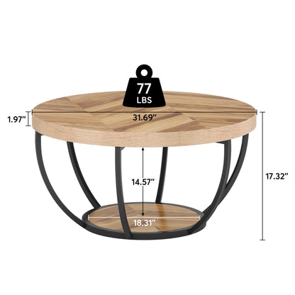 MonoWood 31.7" Round Coffee Table, Industrial 2-Tier Circle Coffee Table with Storage Shelves, Modern Wooden Sofa Side Table