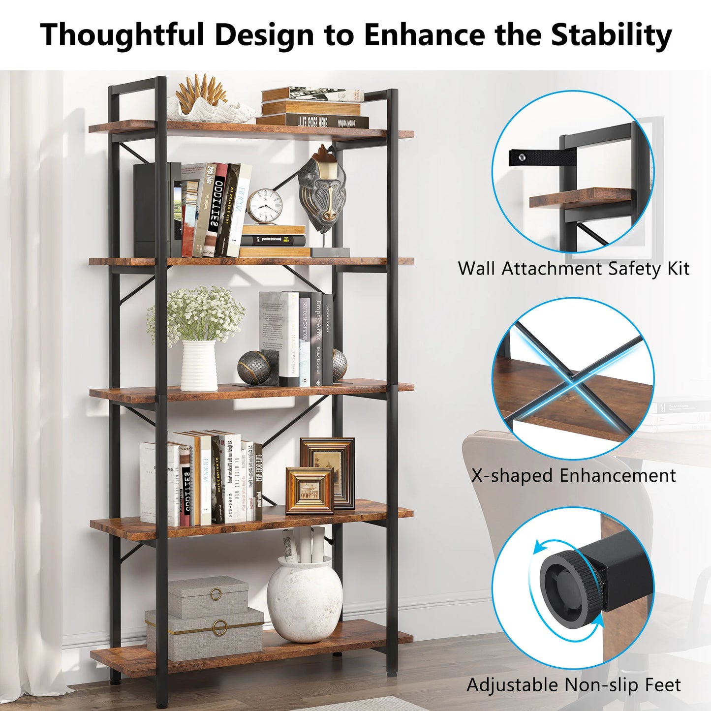 MonoWood 5 Tier Bookshelf, Industrial Etagere Bookcase with Metal Frame, Rustic Tall Book Shelf Unit for Living Room