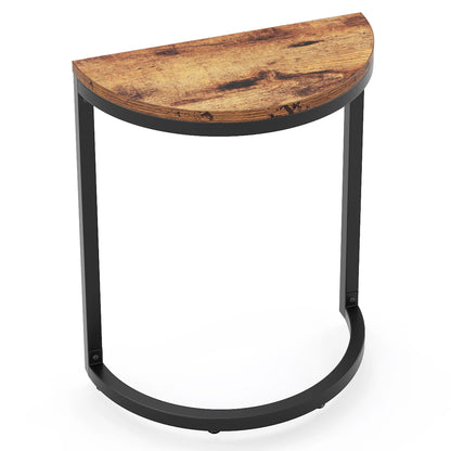 MonoWood End Table Semi Circle, Small Half Round Side Table with Metal Frame, Wood Accent Table Slim C Table