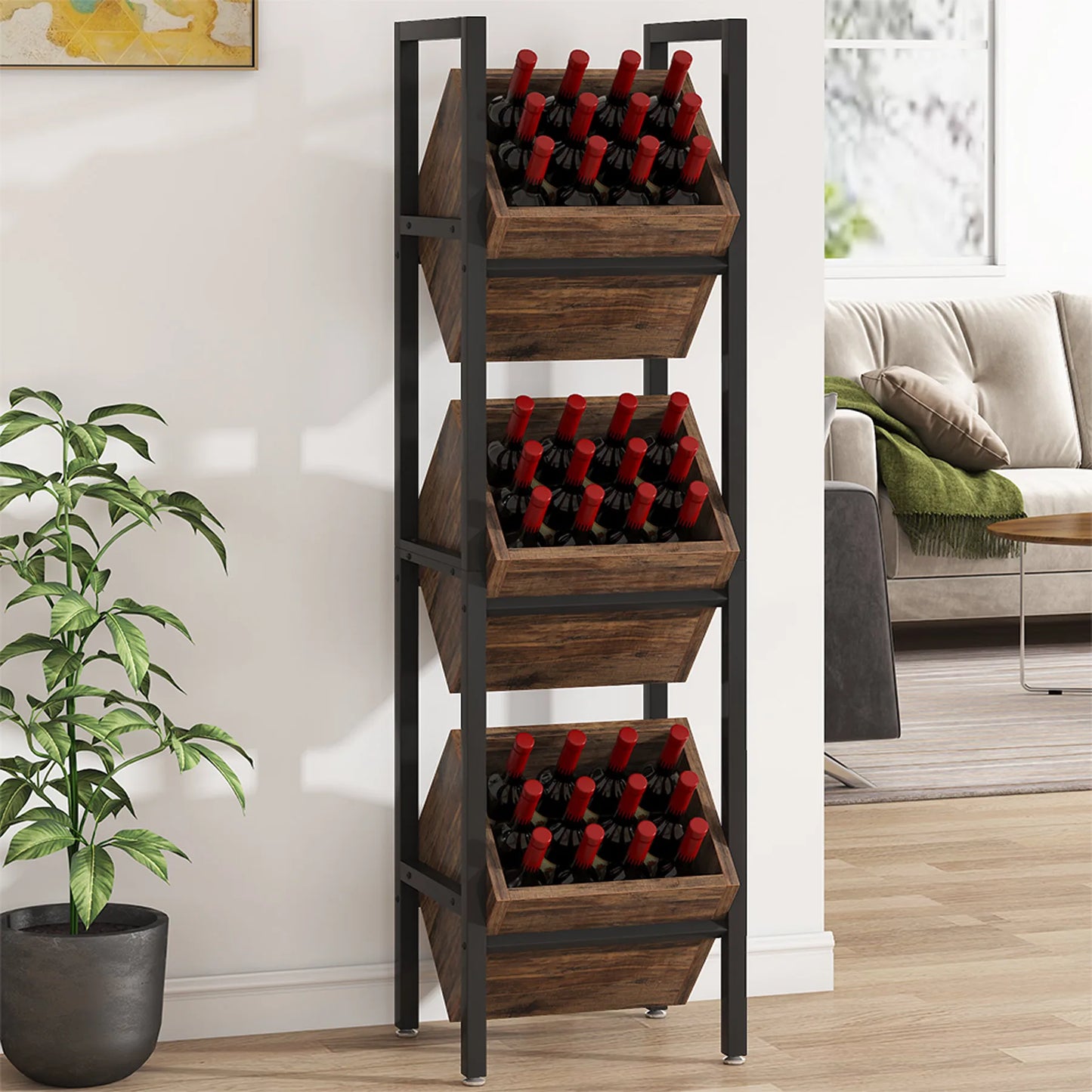 MonoWood Wine Rack Freestanding Floor, 3 Tier Wooden Wine Storage Stand, Wobble-Free Wine Holder Display Shelf