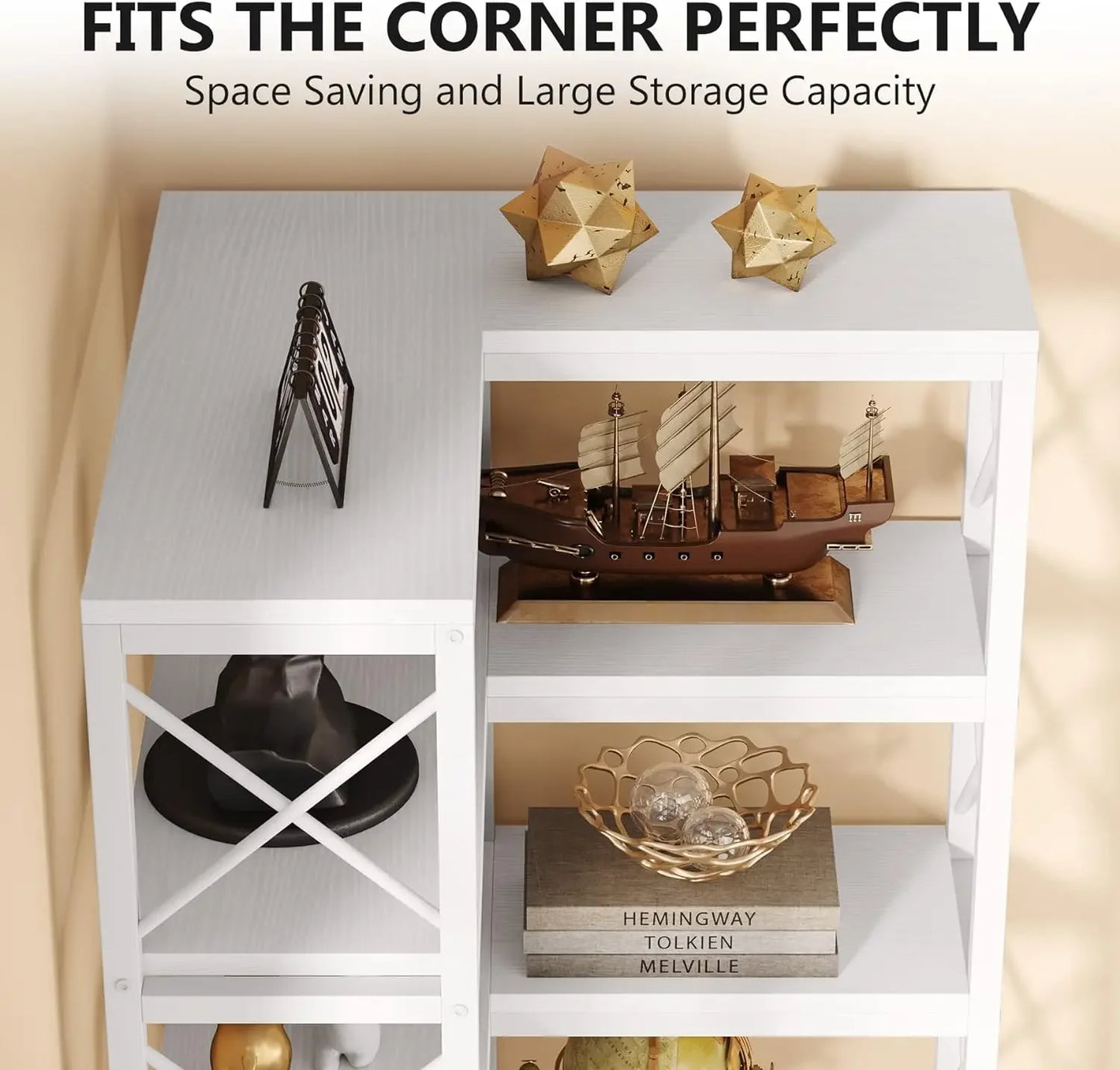 MonoWood WAY TO ORIGIN 7 Shelf Corner Bookcase, Industrial Corner Bookshelf, 7-Tier Tall Corner Shelf Storage Display Rack